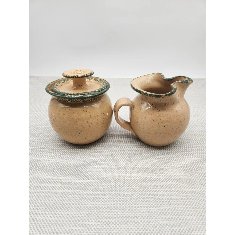 Three Rivers Pottery Cream Pitcher & Sugar Bowl Brown Green Snowman Family